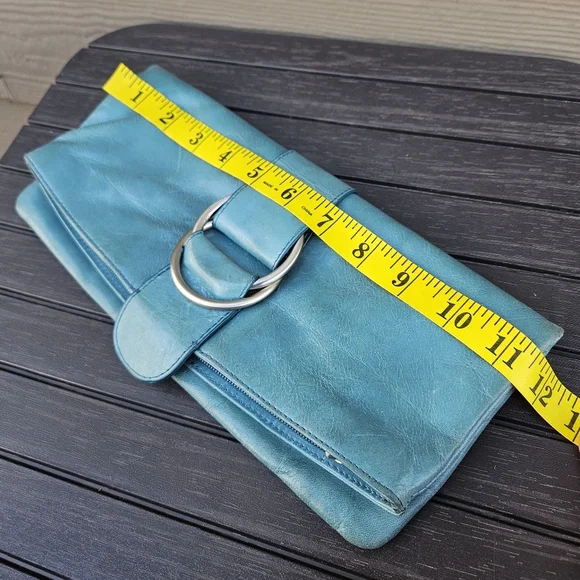 Hobo International Teal Blue Aqua Leather Fold Over Clutch Bag Small Purse